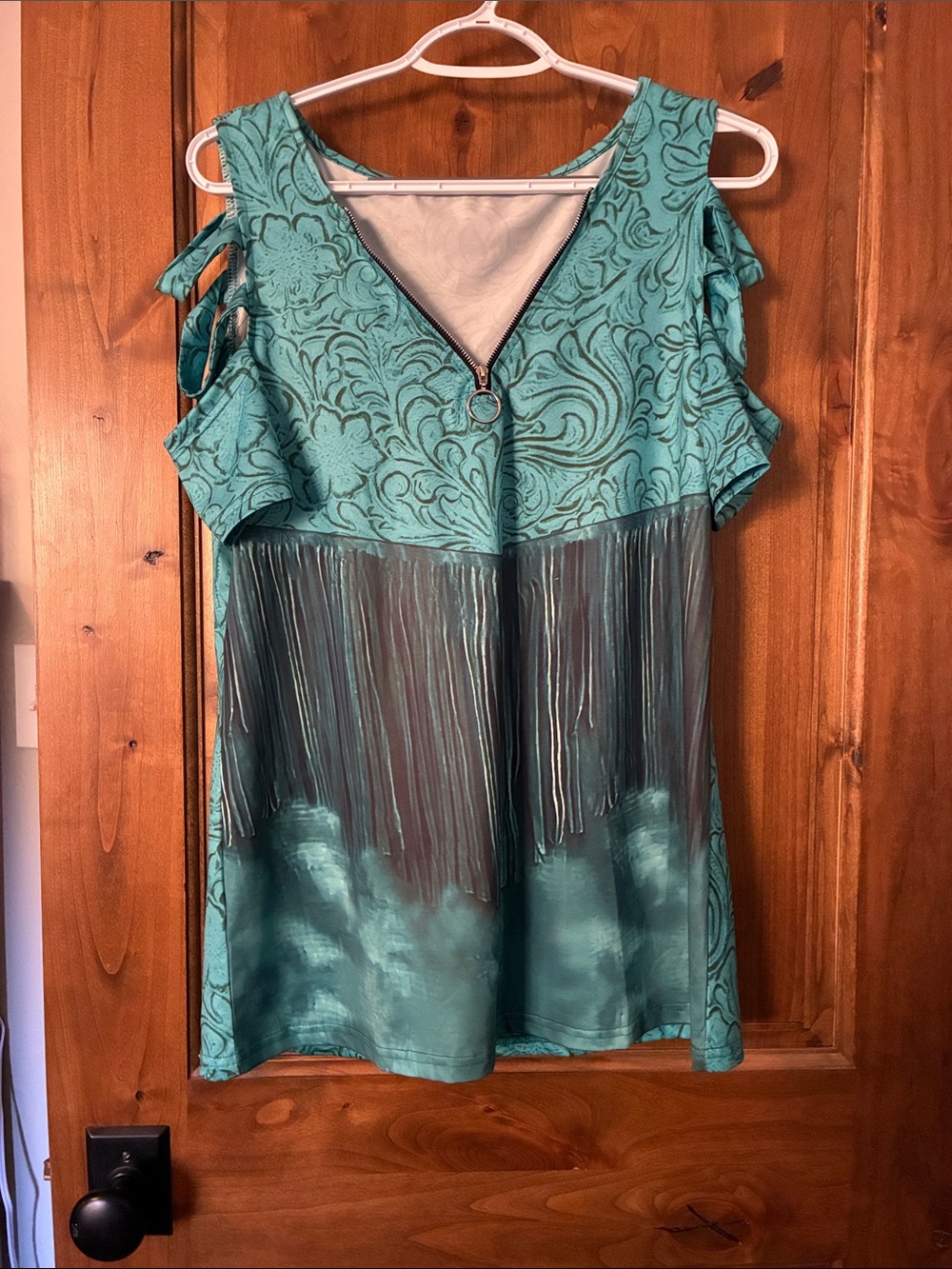 Cold-Shoulder Teal Fringe V-Neck Women's Top